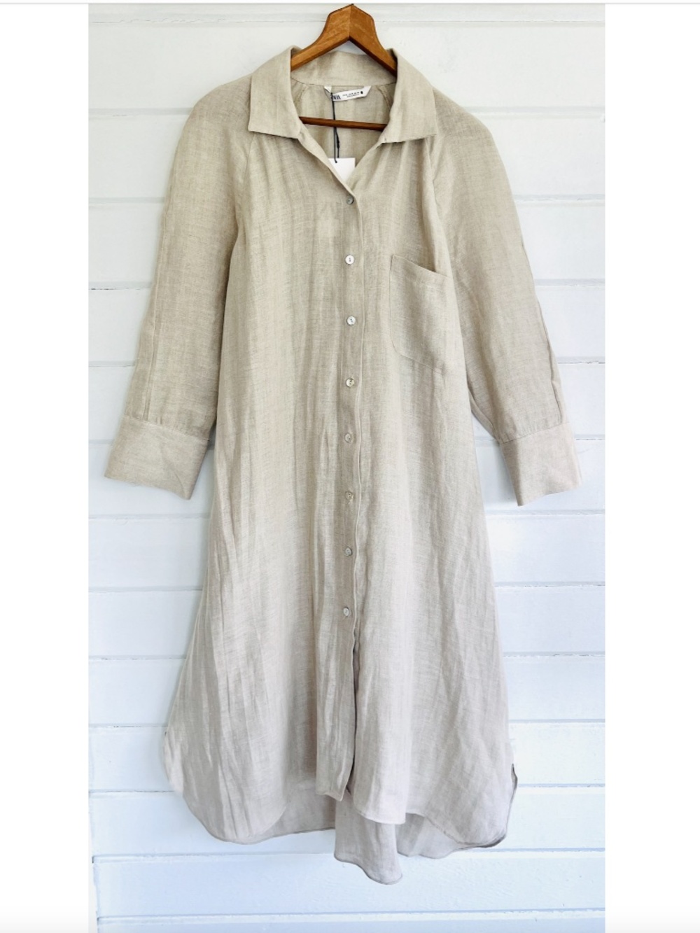 ZARA 100% Linen Long Sleeve Shirt Dress in Sand - NWT! - M